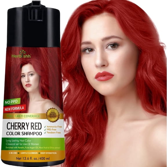 Herbishh Cherry Red Hair Color Shampoo, PPD-Free Permanent Hair Dye Shampoo for Gray Hair, 3-in-1 Hair Color with Ammonia-Free Formula for Men & Women, Cherry Red, 400 mL