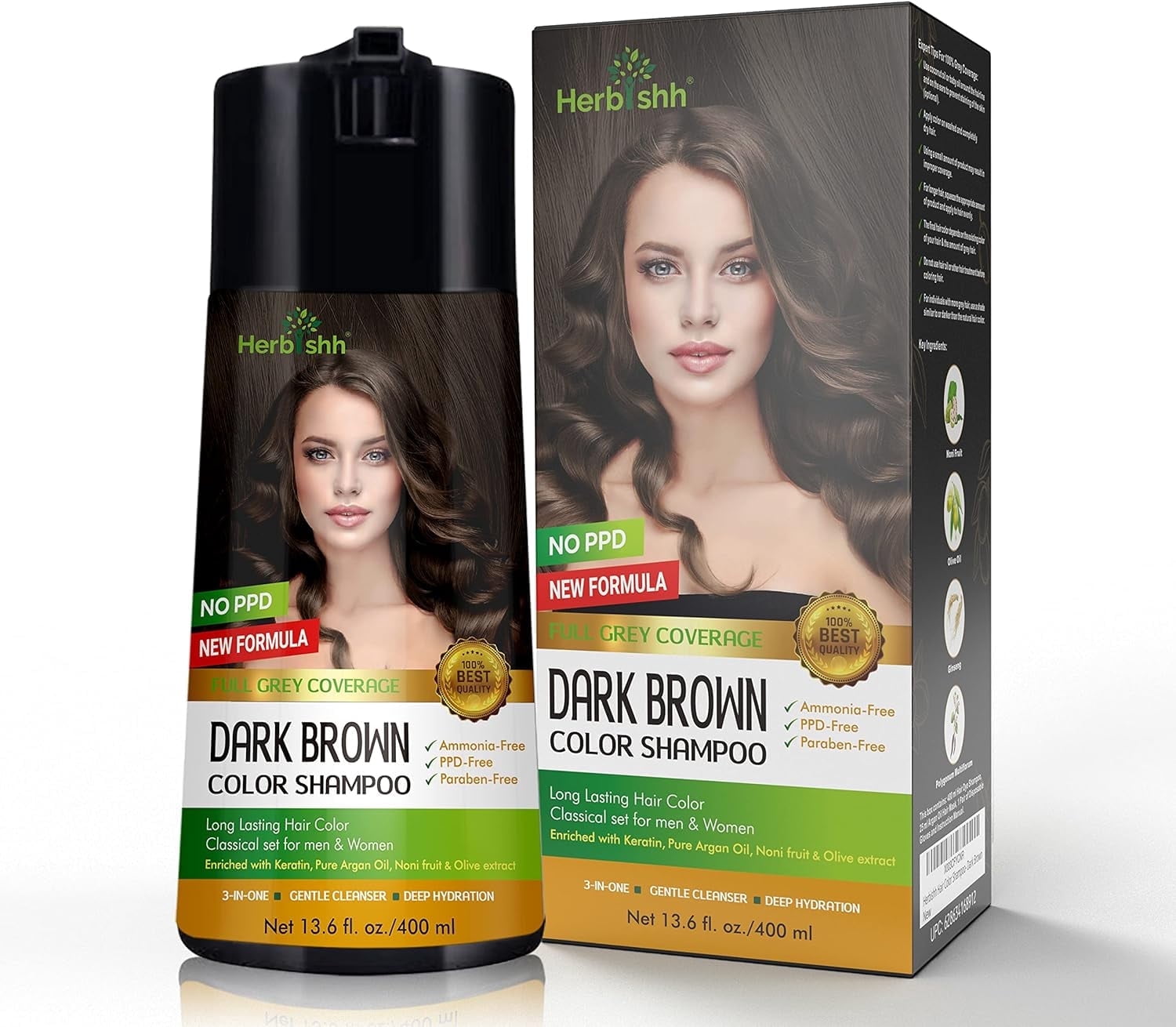 Herbishh Dark Brown PPD-Free Hair Color Shampoo for Gray Hair, Hair Dye Shampoo 3 in 1, 100% Gray Coverage, Permanent Hair Color for Men & Women, Ammonia-free, 400 ml