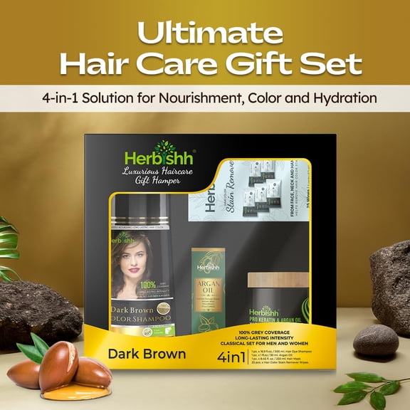 Herbishh Hair Care Gift Set for Women & Men – Dark Brown Hair Dye Shampoo, Argan Hair Oil, Keratin & Argan Hair Mask, Hair Color Stain Remover Wipes – Holiday or Anniversary Hair Gift Set for Her