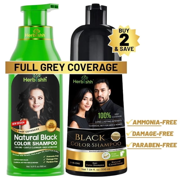 Herbishh Hair Color Shampoo for Gray Hair – 500ML + 200ML Combo – Natural Black Hair Dye Shampoo – 3-in-1 Colors, Cleanses & Conditions – Long-Lasting Gray Coverage – Use at Home – Lasts 3–4 Weeks