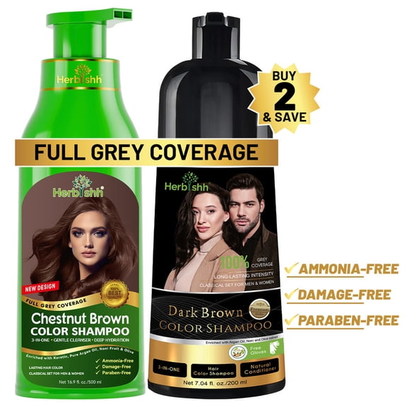 Herbishh Hair Color Shampoo for Gray Hair – 500ML Chestnut Brown + 200ML Dark Brown Combo – Natural Hair Dye Shampoo – 3-in-1 Colors, Cleanses & Conditions