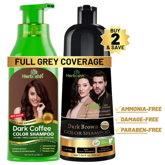 Herbishh Hair Color Shampoo for Gray Hair – 500ML Dark Coffee + 200ML Dark Brown Combo – Natural Hair Dye Shampoo – 3-in-1 Colors, Cleanses & Conditions