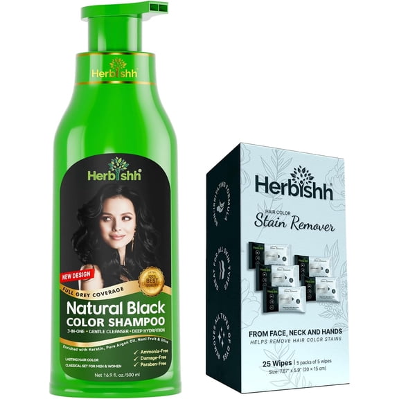 Herbishh Hair Color Shampoo For Gray Hair – Black Hair Dye Shampoo 3 In 1 | Ammonia-Free 500ml + Color Stain Remover | Hair Color Shampoo For Men & Women