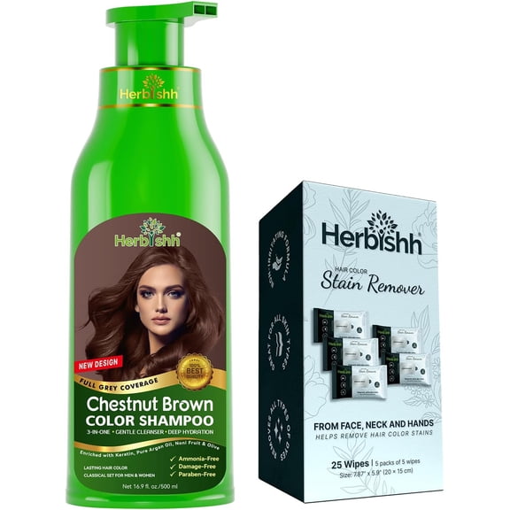 Herbishh Hair Color Shampoo For Gray Hair – Chestnut Brown Hair Dye Shampoo 3 In 1 | Ammonia-Free 500ml + Color Stain Remover | Hair Color Shampoo For Men & Women