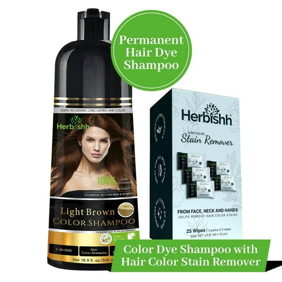 Herbishh Hair Color Shampoo For Gray Hair – Light Brown Hair Dye Shampoo 3 In 1 | Ammonia-Free 500ml + Color Stain Remover | Hair Color Shampoo For Men & Women