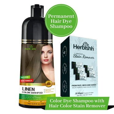Herbishh Hair Color Shampoo For Gray Hair – Linen Hair Dye Shampoo 3 In 1 | Ammonia-Free 500ml + Color Stain Remover | Hair Color Shampoo For Men & Women