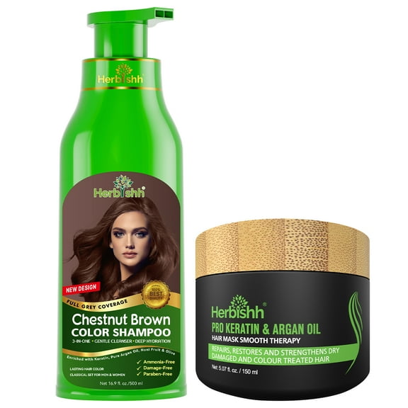 Herbishh Hair Color Shampoo for Grey Hair 500ml Argan Hair Mask for Dry or Damaged Hair | Hair Dye | Cover Grey Hair for Men and Women (Chestnut Brown)