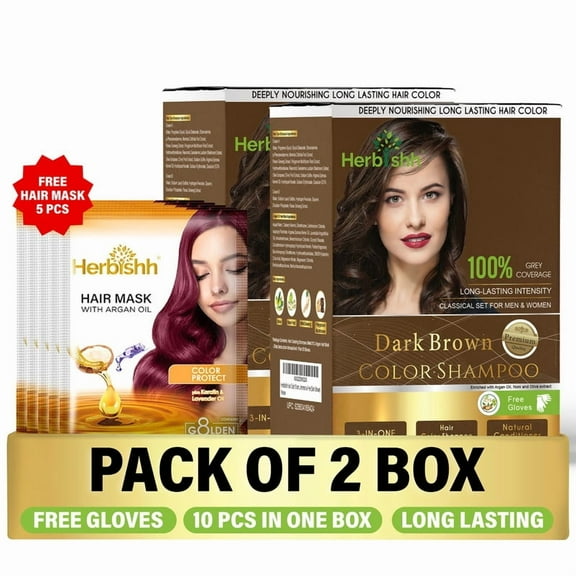 Herbishh Hair Color Shampoo for Grey Hair – Hair Dye Shampoo with Bio-Active Ingredients – Long Lasting Color – Travel-Friendly Pack (20 x 30ml Sachets) + 5 Pack Hair Mask Sachets (Dark Brown)