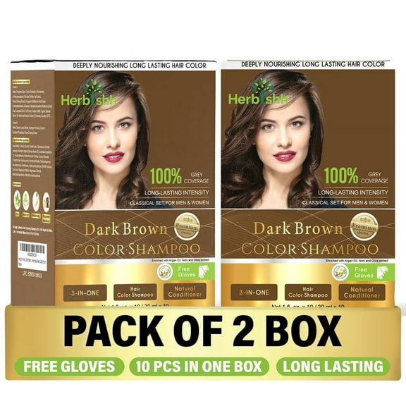 Herbishh Hair Color Shampoo for Grey Hair – Hair Dye Shampoo with Bio-Active Ingredients – Long Lasting Color – Travel-Friendly Pack (20 x 30ml Sachets) Dark Brown