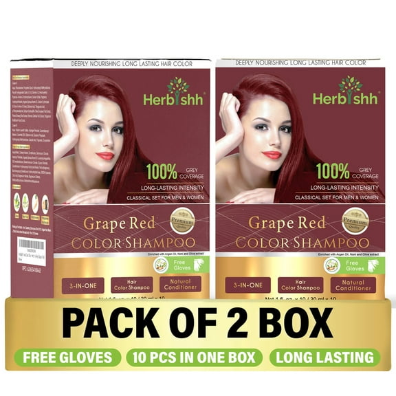 Herbishh Hair Color Shampoo for Grey Hair – Hair Dye Shampoo with Bio-Active Ingredients – Long Lasting Color – Travel-Friendly Pack (20 x 30ml Sachets) Grape Red