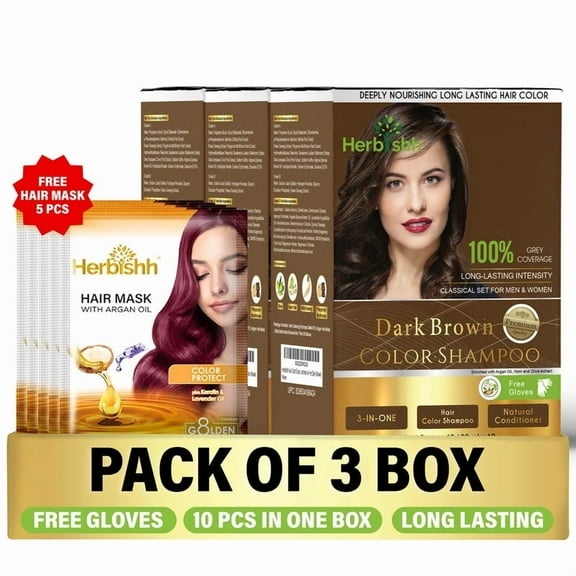 Herbishh Hair Color Shampoo for Grey Hair – Hair Dye Shampoo with Bio-Active Ingredients – Long Lasting Color – Travel-Friendly Pack (30 x 30ml Sachets) + 5 Pack Hair Mask Sachets (Dark Brown)