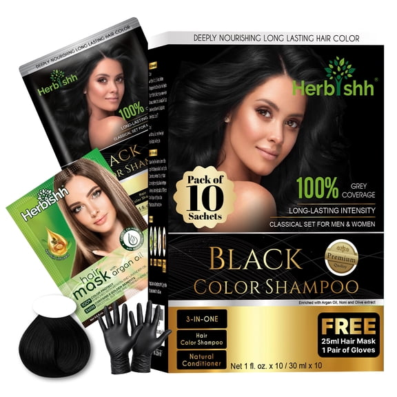 Herbishh Hair Color Shampoo for Gray Hair, Men & Women, Travel Size, 10+1 Pack (Black 30 ml)