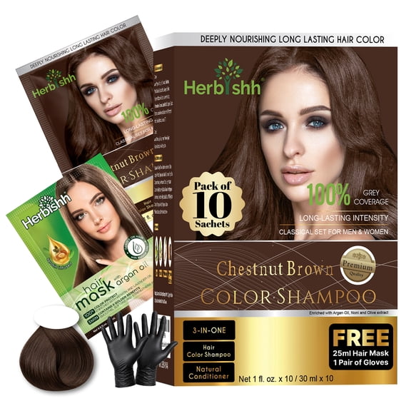 Herbishh Hair Color Shampoo for Gray Hair, Men & Women, Travel Size, 10+1 Pack (Chestnut Brown 30 ml)