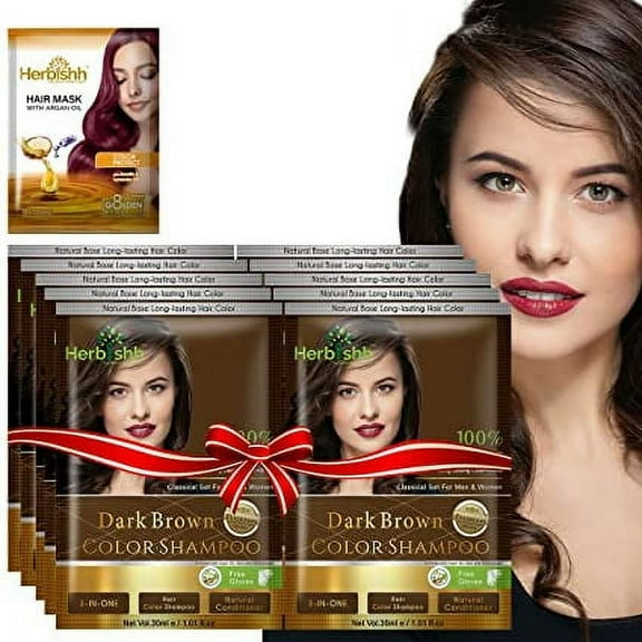 Herbishh Hair Color Shampoo for Gray Hair, Men & Women, Travel Size, 10+1 Pack (Dark Brown 30 ml)