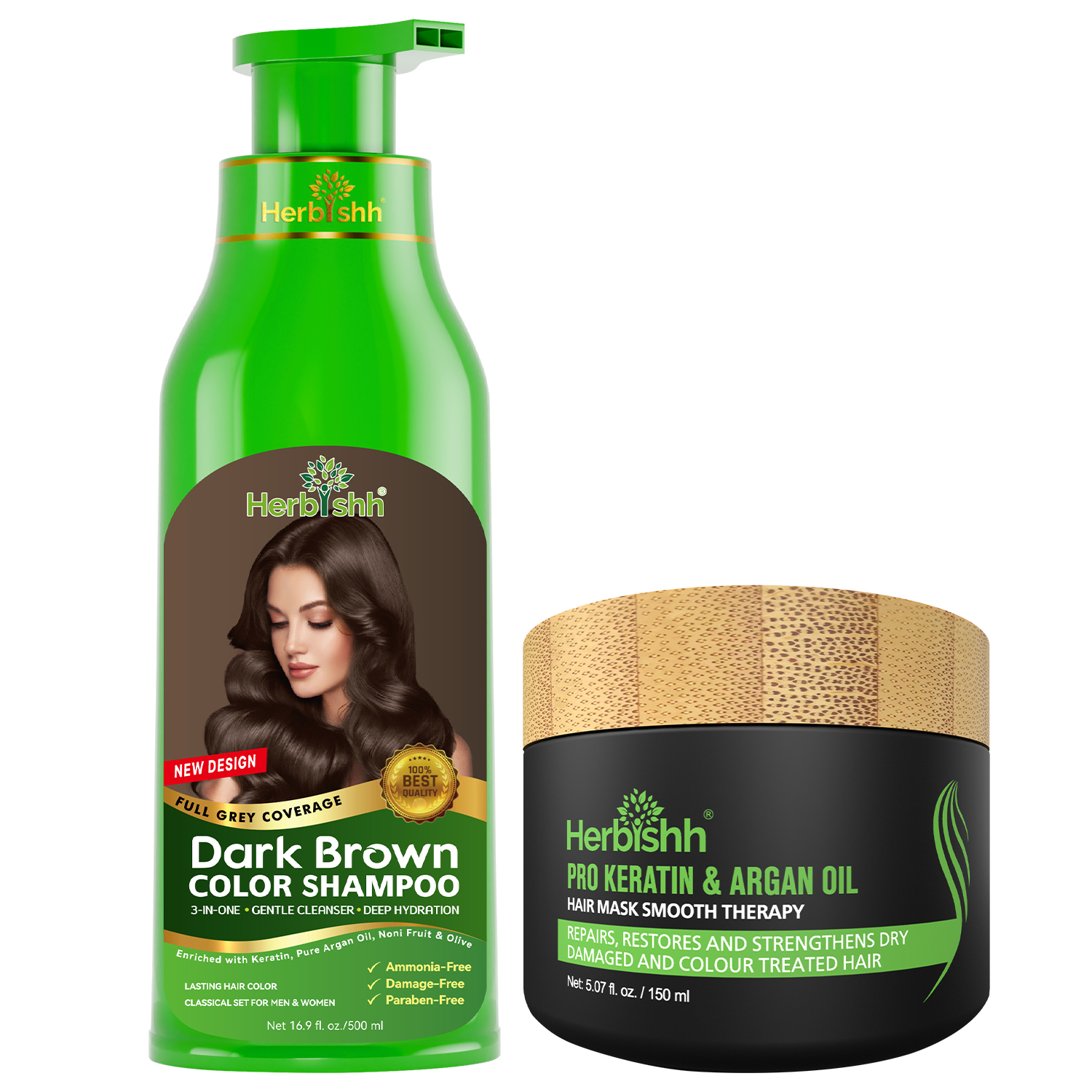 Herbishh Hair Color Shampoo for Grey Hair 500ml + Argan Hair Mask for Dry or Damaged Hair | Hair Dye | Cover Grey Hair for Men and Women (Dark Brown)