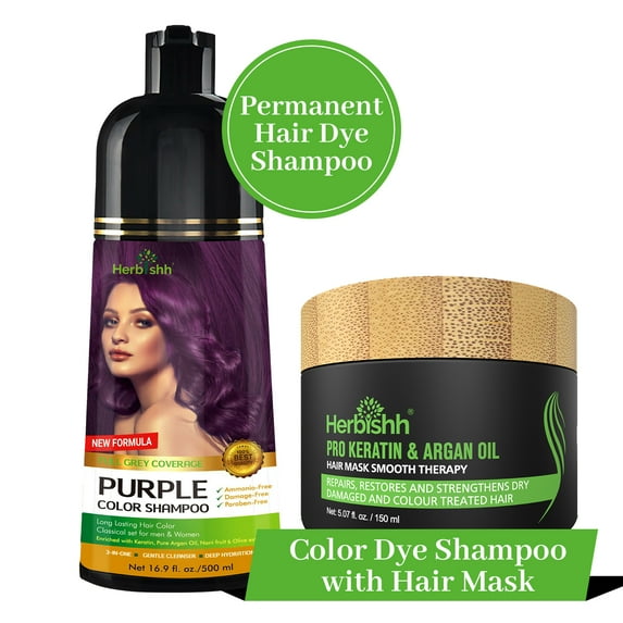 Herbishh Hair Color Shampoo for Grey Hair 500ml + Argan Hair Mask for Dry or Damaged Hair | Hair Dye | Cover Grey Hair for Men and Women (Purple)