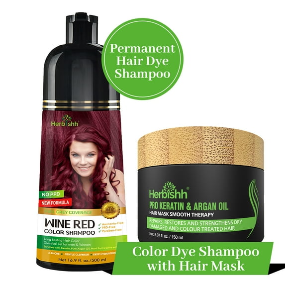 Herbishh Hair Color Shampoo for Grey Hair 500ml + Argan Hair Mask for Dry or Damaged Hair | Hair Dye | Cover Grey Hair for Men and Women (Wine Red)