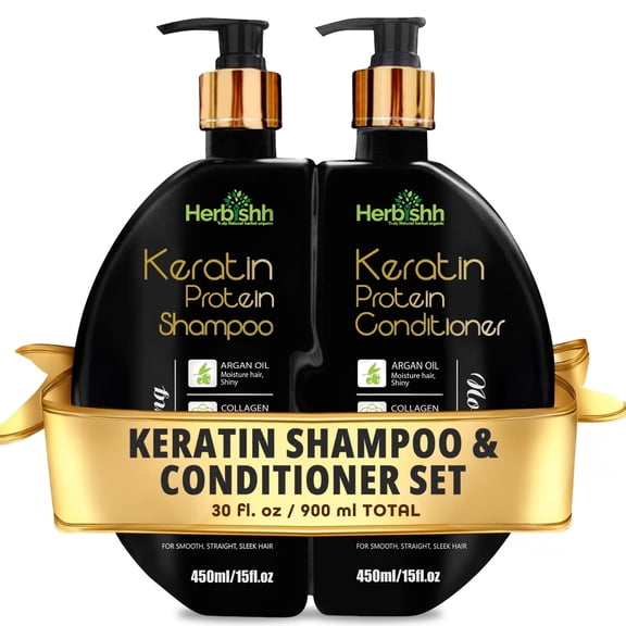Herbishh Keratin Shampoo and Conditioner Set – Shiny & Frizz-free, All Hair Types, Unisex, 450ml