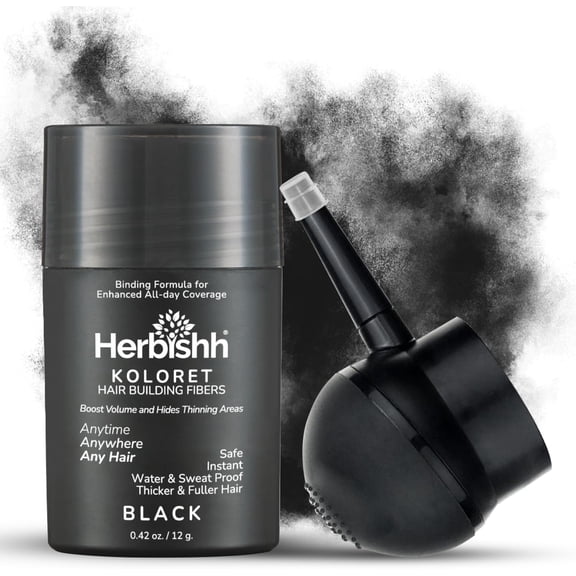Herbishh Koloret Hair Building Fibers – Black Powder for Men & Women, Instant Bald Spot Cover-Up & Scalp Concealer – Sweat-Proof & Water-Resistant Fibers for Thinning Hair, 12g