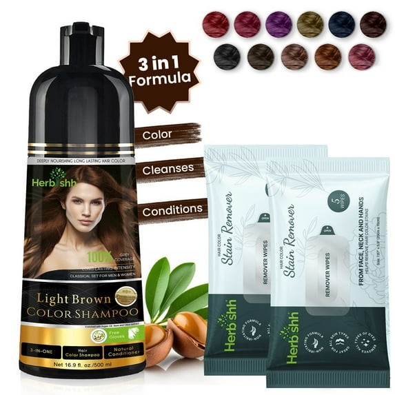 Herbishh Light Brown Hair Color Shampoo for Gray Hair with Pack 2 Hair colour stain remover, Hair Dye Shampoo 3 in 1, 100% Gray Coverage, Permanent Hair Color for Men & Women, Ammonia-free, 500 ml