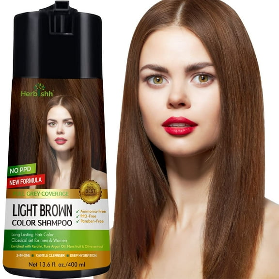 Herbishh Light Brown PPD-Free Hair Color Shampoo for Gray Hair, Hair Dye Shampoo 3 in 1, 100% Gray Coverage, Permanent Hair Color for Men & Women, Ammonia-free, 400 ml