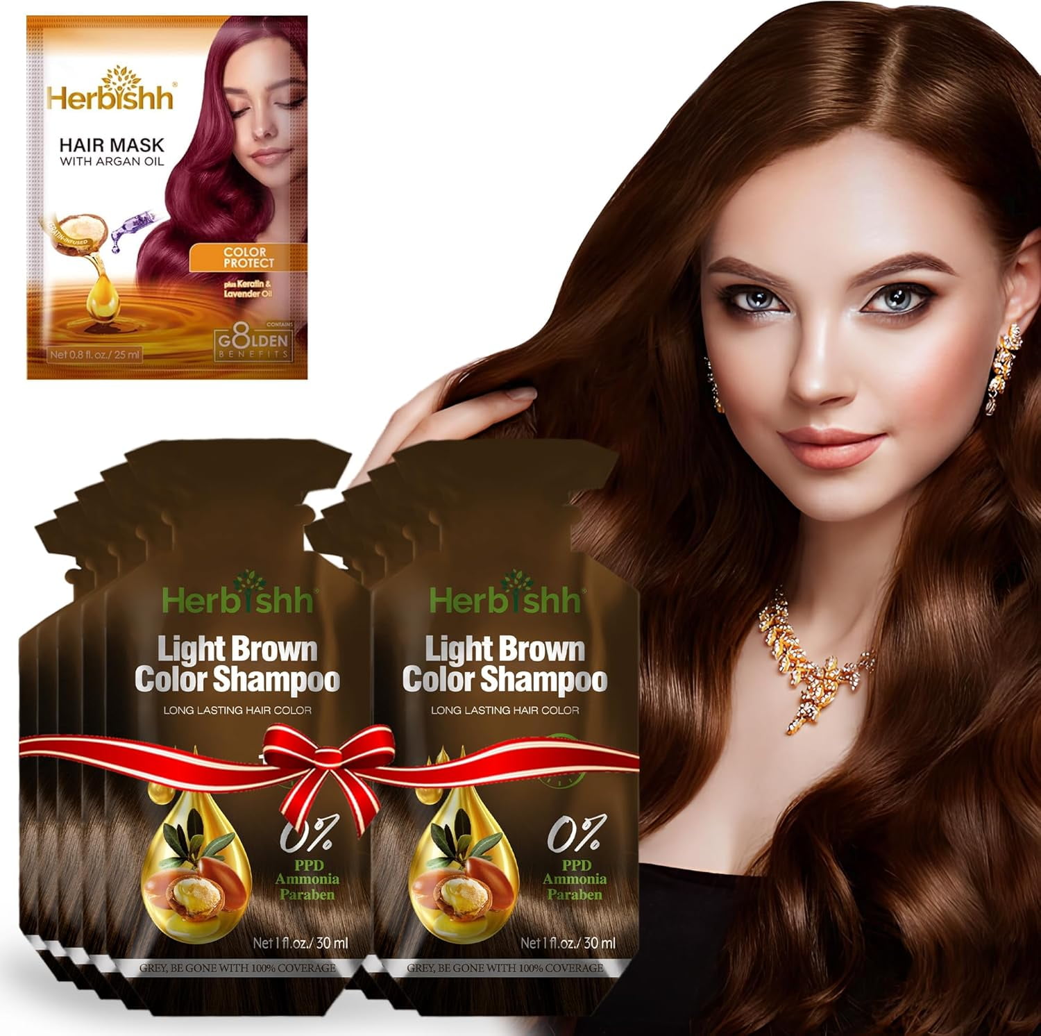 Herbishh Light Brown PPD-Free Shampoo for Gray Hair, Travel-friendly