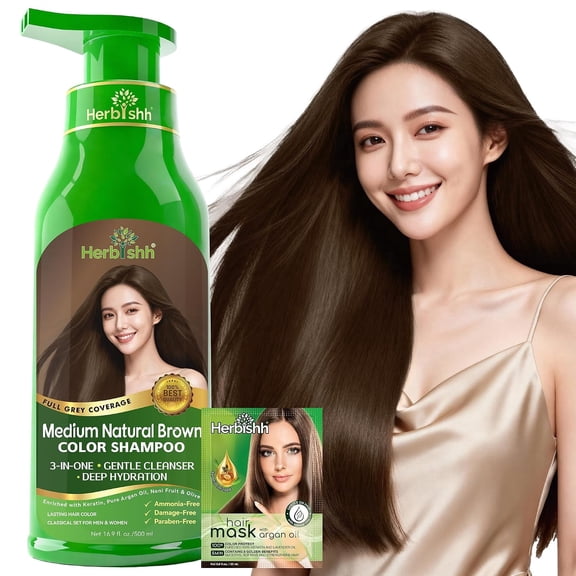 Herbishh Medium Natural Brown Hair Color Shampoo for Gray Hair – Magic Hair Dye Shampoo – Colors Hair in Minutes–Long Lasting–500 Ml–3-In-1 Hair Color for Women & Men –Ammonia-Free