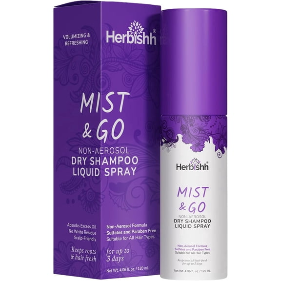 Herbishh Non-Aerosol Mist & Go Liquid Dry Shampoo (4.06 fl. oz) Absorbs Oil & Adds Volume, Travel Size Waterless Mist Spray for Greasy Roots, Instant Refresh Volumizing Shampoo, Gift for Women & Men