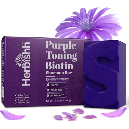 Herbishh Purple Shampoo Bar for Blonde Hair with Biotin –Strengthen & Add Shine, For Grey Coverage, Color-treated & Highlighted Hair, Vegan & Sulfate-Free, 3.53 oz