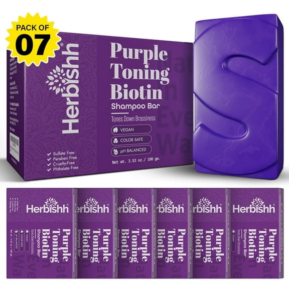 Herbishh Purple Shampoo Bar Pack of 7 – Biotin Solid Shampoo for Blonde, Color-Treated & Highlighted Hair – Strengthens, Adds Shine, Supports Grey Coverage, Vegan, Sulfate-Free, 3.53 oz Each