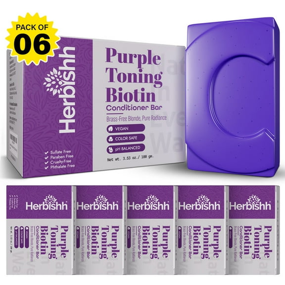 Herbishh Purple Toning Conditioner Bar Pack of 6 – Biotin Solid Conditioner for Blonde, Silver & Gray Hair – Neutralizes Brassiness, Adds Shine, Moisture, Sulfate-Free, Eco-Friendly, 3.53 oz Each