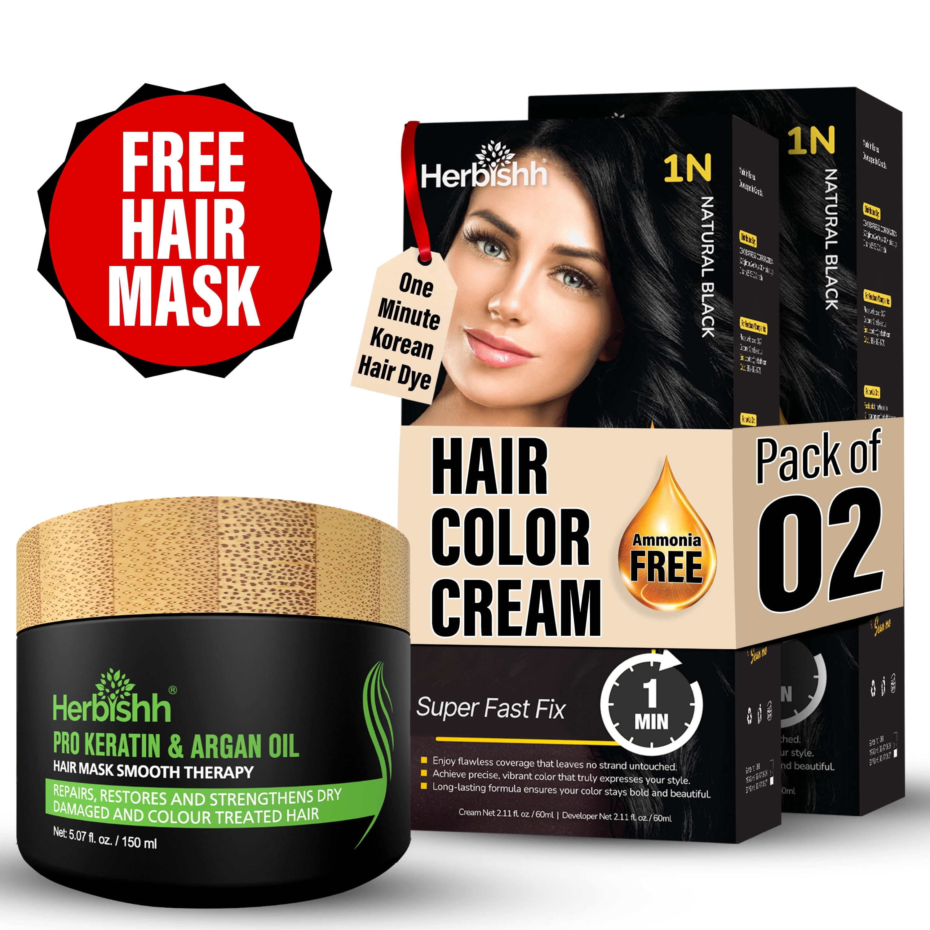 Herbishh Rapid Infusion Hair Color Cream – 1N Natural Black Hair Dye Permanent One Minute with Comb Applicator, Hair Color for Gray Hair Coverage, Ammonia-Free, Patented Korean Technology, 2.03 fl. O