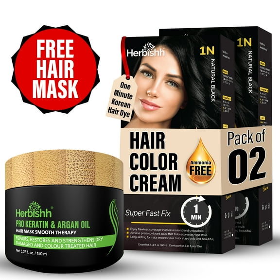 Herbishh Rapid Infusion Hair Color Cream – 1N Natural Black Hair Dye Permanent One Minute with Comb Applicator, Hair Color for Gray Hair Coverage, Ammonia-Free, Patented Korean Technology, 2.03 fl. O