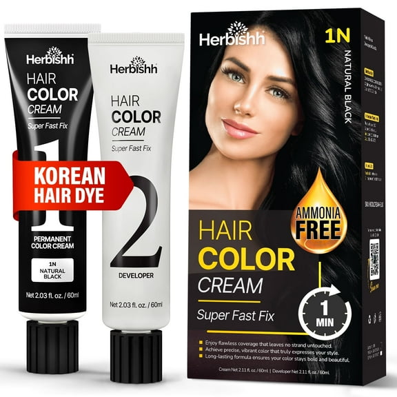Herbishh Rapid Infusion Hair Color Cream – 1N Natural Black Hair Dye Permanent One Minute with Comb Applicator, Hair Color for Gray Hair Coverage, Ammonia-Free, Patented Korean Technology, 2.03 fl. O
