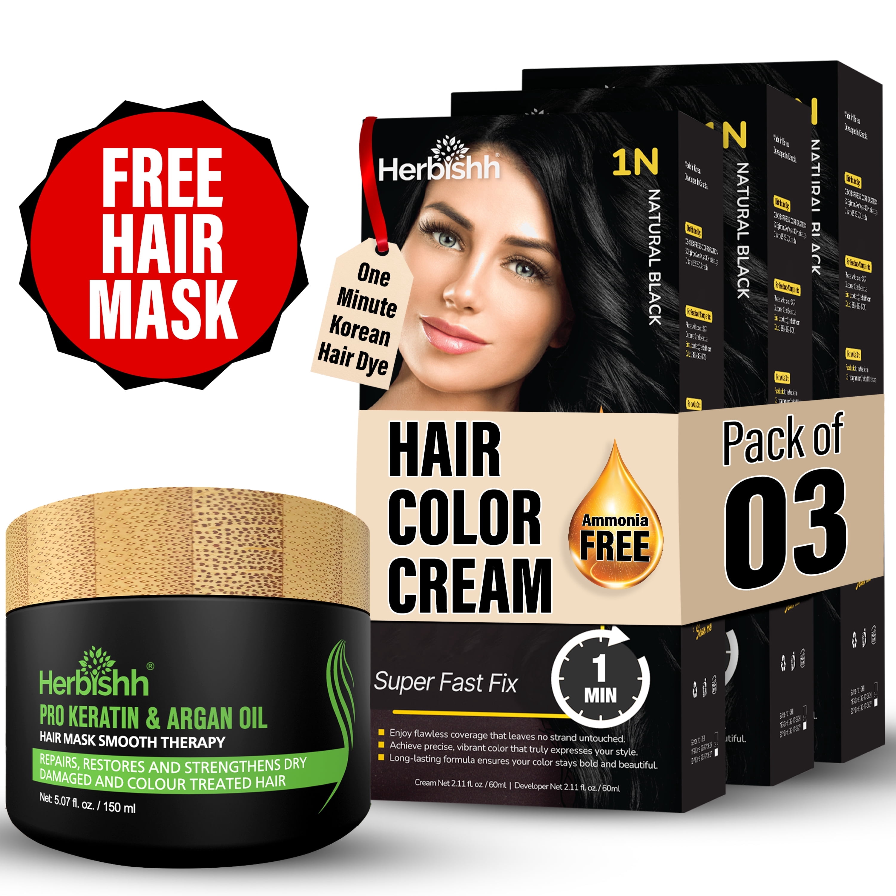 Herbishh Rapid Infusion Hair Color Cream – 1N Natural Black Hair Dye Permanent One Minute with Comb Applicator, Hair Color for Gray Hair Coverage, Ammonia-Free, Patented Korean Technology, 2.03 fl. O