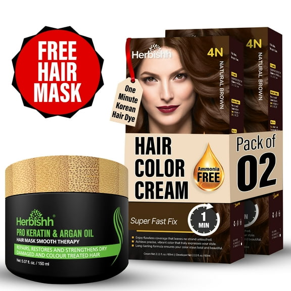 Herbishh Rapid Infusion Hair Color Cream 4N Natural Brown, Permanent Hair Dye for Gray Coverage, Ammonia-Free, Comb Applicator, Korean Patented Formula, 2.03 fl. oz.