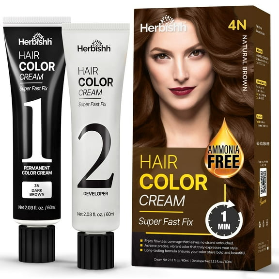 Herbishh Rapid Infusion Hair Color Cream 4N Natural Brown, Permanent Hair Dye for Gray Coverage, Ammonia-Free, Comb Applicator, Korean Patented Formula, 2.03 fl. oz.