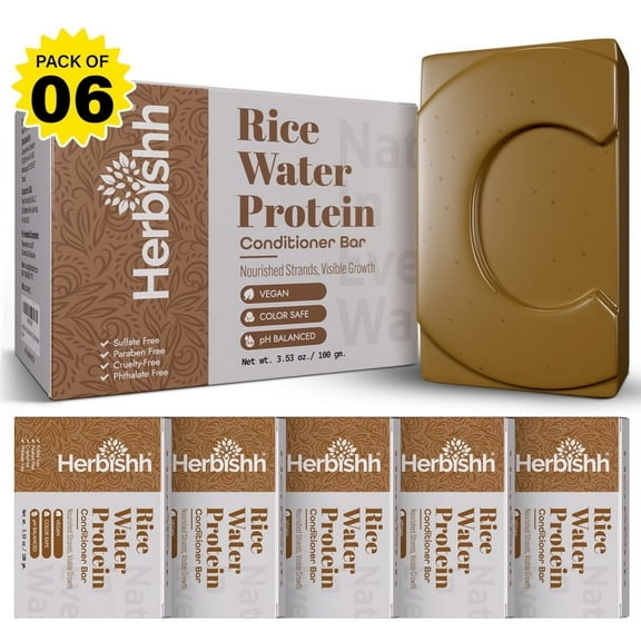 Herbishh Rice Water Conditioner Bar, 6 Pack, 3.53 oz Each, Moisturizing, Strengthening, for Dry, Damaged, Thinning Hair, Paraben-Free, Sulfate-Free