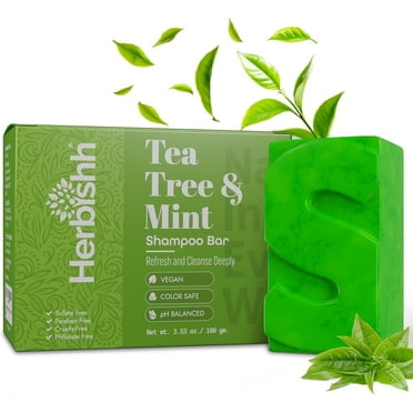 Herbishh Tea Tree & Mint Shampoo Bar – Tea Tree Oil Soap Bar for Oily Hair & Scalp Cleanse – Solid Travel Size Shampoo for Men & Women – Minty Deep Cleansing, 3.53 oz