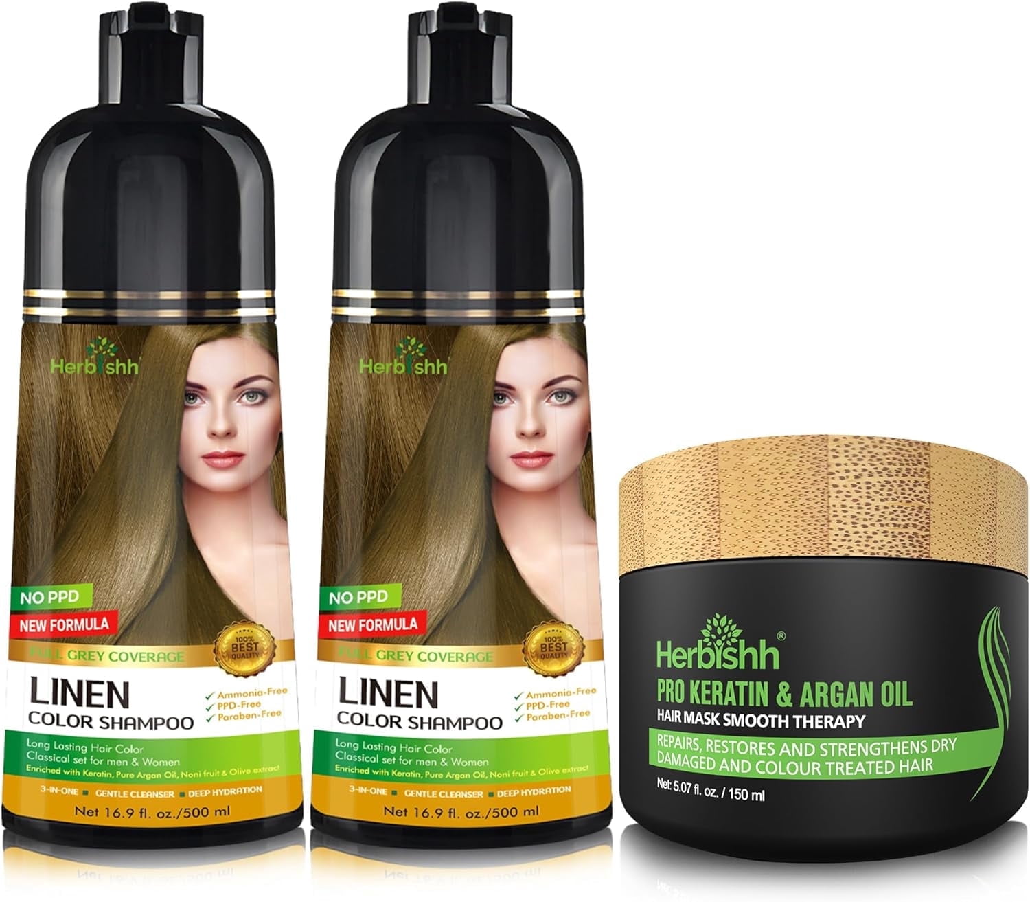 Herbishh Ultimate Hair Color Shampoo Kit( 2Pcs Hair Color Shampoo+ 1Argan Hair Mask)for Grey Hair Permanent Hair Color Shampoo for Men and Women Long Lasting Shampoo Easy to Apply (Linen)