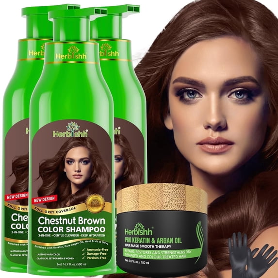 Herbishh Ultimate Hair Color Shampoo Kit (3pcs Hair Color Shampoo Dye +1 Argan Hair Mask) Smooth and Long Lasting Color Shampoo for Grey Hair Men & Women Easy & Quick to Use-Combo4 (Chestnut Brown)