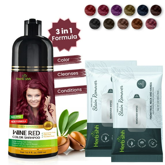 Herbishh Wine Red Hair Color Shampoo for Gray Hair with Pack 2 Hair colour stain remover, Hair Dye Shampoo 3 in 1, 100% Gray Coverage, Permanent Hair Color for Men & Women, Ammonia-free, 500 ml