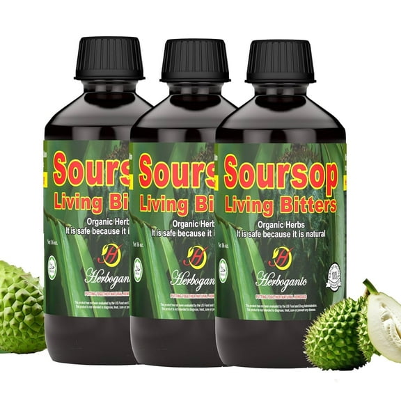 Herboganic Soursop Living Bitters - Herbal & Natural, Pack of 3, 16 oz Each