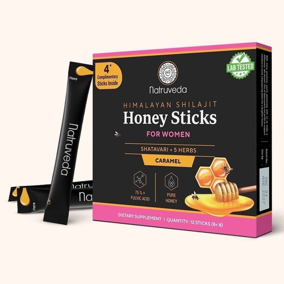 Natruveda Himalayan Shilajit Honey Sticks for Women, Shatavari, 5 Herbs, Caramel, 12 Count