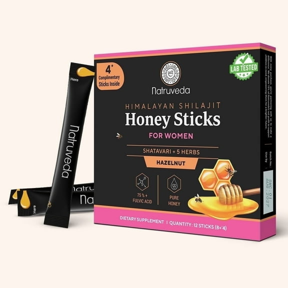 Natruveda Himalayan Shilajit Honey Sticks for Women, Shatavari, 5 Herbs, Hazelnut, 12 Count