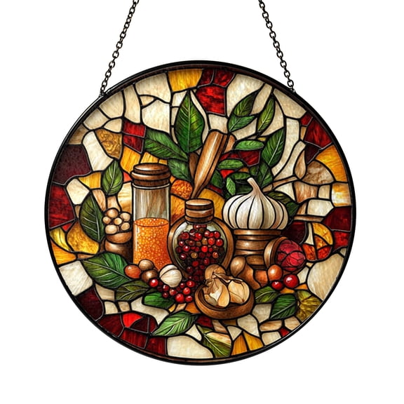 Herbs and Garlic Stained Glass Style Suncatcher Window Hanging Decor, Round Kitchen Still Life Glass Window Panel Art, Decorative Cooking Theme Window Ornament for Home Kitchen Decor