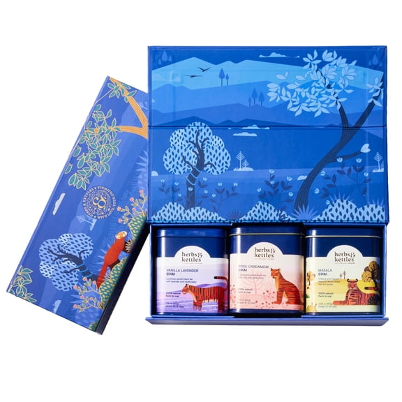 Herbs & Kettles Chai Gift Set | Masala Chai, Rose Cardamom Chai & Vanilla Lavender | Premium Loose Leaf Tea Collection | Elegant Tea Gift Box for Birthdays, Holidays & Special Occasions Y101