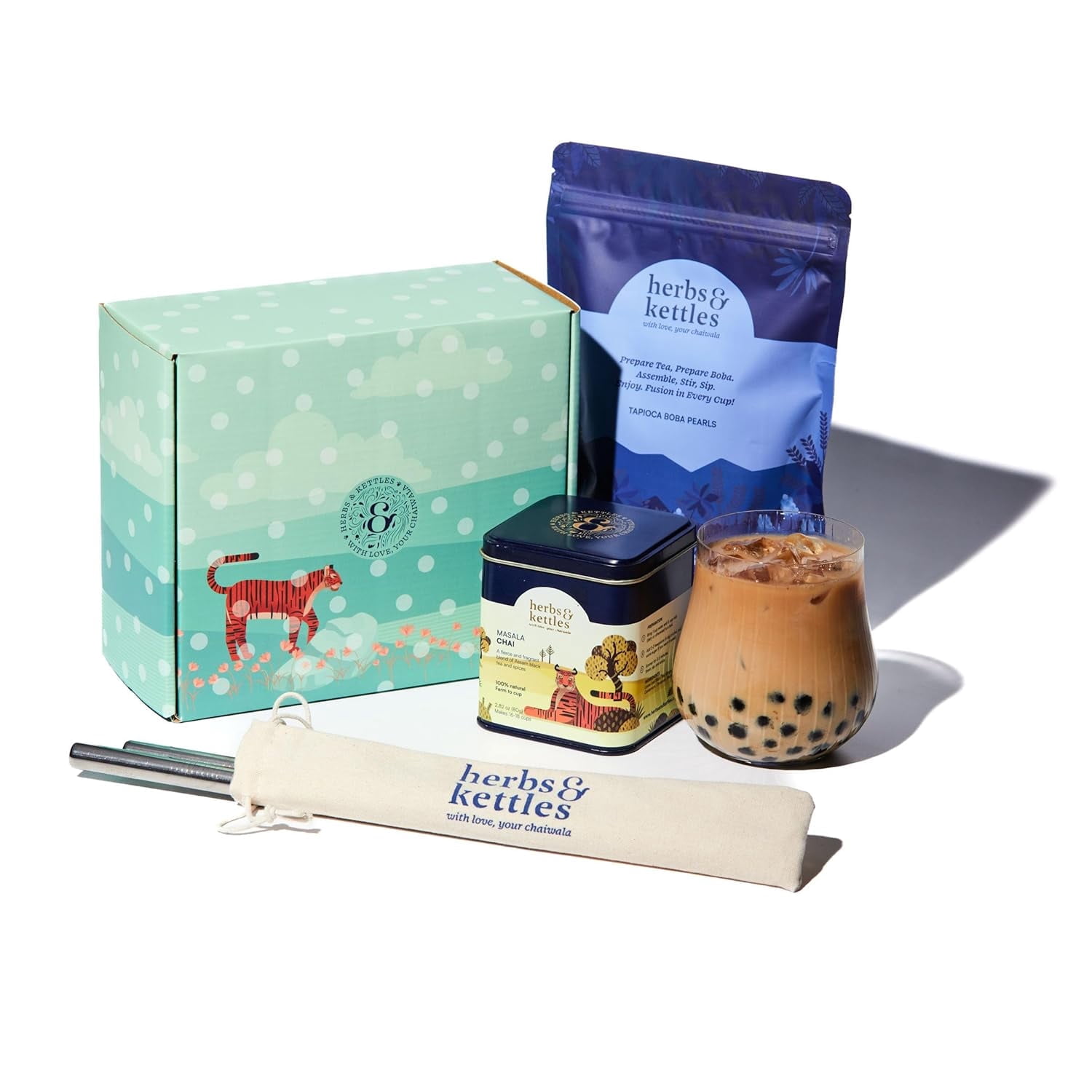 Herbs & Kettles Masala Chai Boba Kit | Assam Black Tea with Ginger, Cardamom, Cinnamon, Cloves & Black Pepper + Chewy Tapioca Pearls | DIY Bubble Tea Kit with Reusable Straws & Easy Instructions