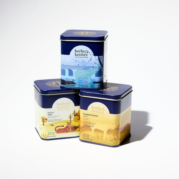 Herbs & Kettles Tea Gift Combo Set - Masala Chai, Calming Golden Latte & Lavish Blue Tea - Premium Loose Leaf Tea Collection - Relaxing, Energizing, and Refreshing Tea Variety Pack (3 Pack)