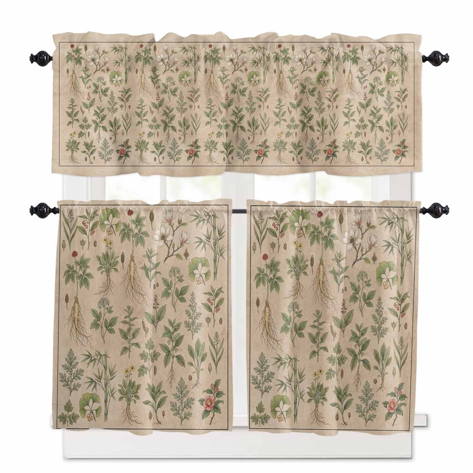 Herbs Kitchen Curtains Valance and Tier Set Retro Green Red Herbs Plant Wildflower Linen Texture Rod Pocket Short Curtains for Small Window 3 Pieces Set for Bedroom Cafe (54" x 18"+27" x 24")